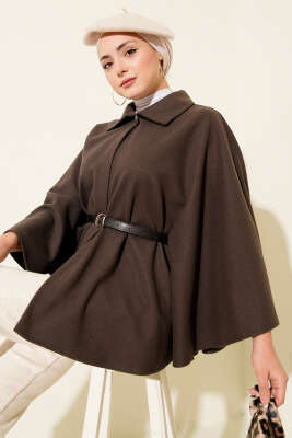 Kemerli Gömlek Yaka Kaşe Panço Vizon - FİXAY