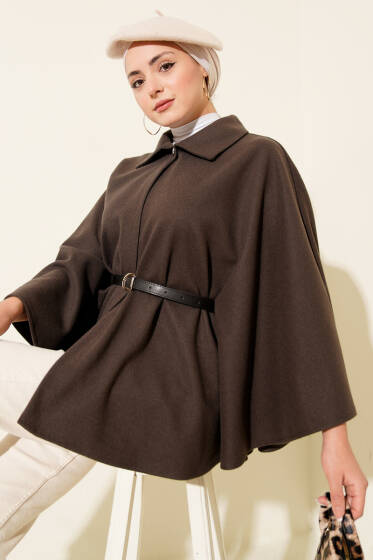 Kemerli Gömlek Yaka Kaşe Panço Vizon - Panço