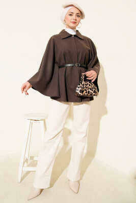 Kemerli Gömlek Yaka Kaşe Panço Vizon - Panço