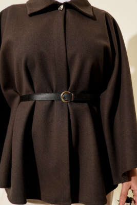 Kemerli Gömlek Yaka Kaşe Panço Vizon - Panço