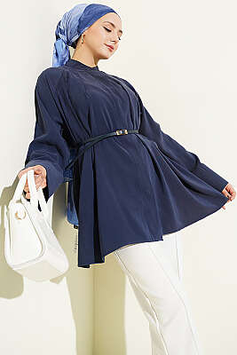 Kemerli Hakim Yaka Modal Gömlek Lacivert - DESTİNA