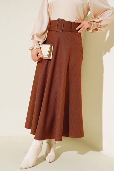 Kemerli Jakar Şeritli Etek Taba - Uzun Etek