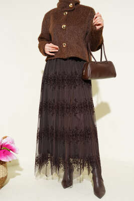 Kemerli Kabartma Desen Tül Etek Kahve - NESSİA