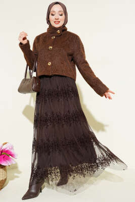 Kemerli Kabartma Desen Tül Etek Kahve - Etek