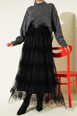 Kemerli Kabartma Desen Tül Etek Siyah - NESSİA