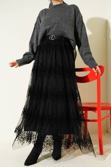 Kemerli Kabartma Desen Tül Etek Siyah - Etek