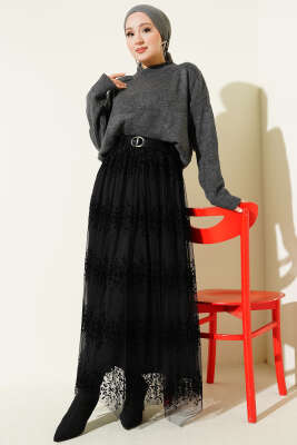 Kemerli Kabartma Desen Tül Etek Siyah - Etek