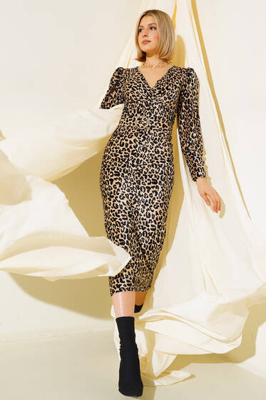 Kemerli Kadife Dar Elbise Leopar - Tesettür Elbise