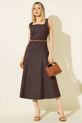 Kemerli Kare Yaka Kot Midi Elbise Kahve - Kadın Giyim Modelleri