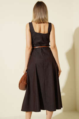 Kemerli Kare Yaka Kot Midi Elbise Kahve - Kadın Giyim Modelleri