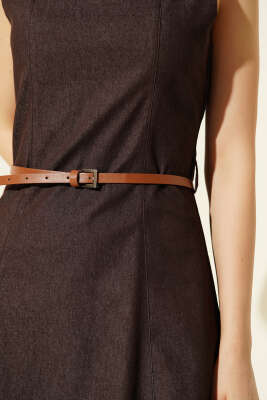 Kemerli Kare Yaka Kot Midi Elbise Kahve - Kadın Giyim Modelleri