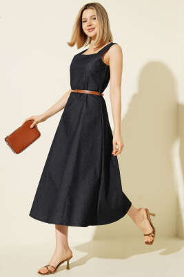 Kemerli Kare Yaka Kot Midi Elbise Lacivert 