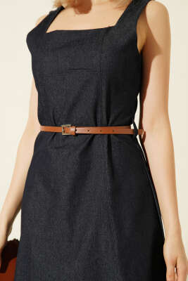 Kemerli Kare Yaka Kot Midi Elbise Lacivert - Kadın Giyim Modelleri