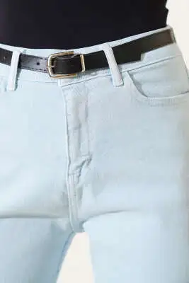 Kemerli Kesik Paça Pantolon Mavi - Kadın Giyim Modelleri