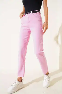 Kemerli Kesik Paça Pantolon Pembe - Kadın Giyim Modelleri
