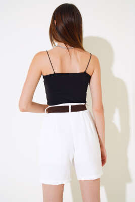 Kemerli Keten Şort Ekru - Kadın Giyim Modelleri