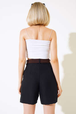 Kemerli Keten Şort Siyah - Kadın Giyim Modelleri