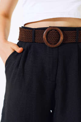 Kemerli Keten Şort Siyah - Kadın Giyim Modelleri