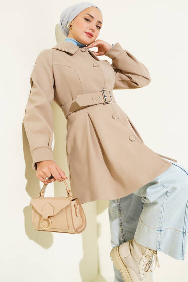  Kemerli Kısa Kaşe Kaban Bej - Kaban
