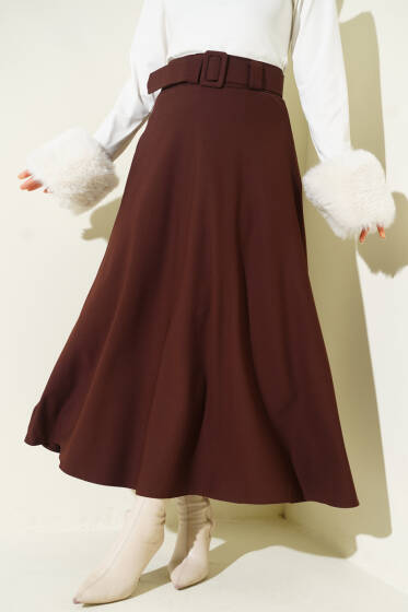 Kemerli Kloş Dabıl Etek Kahve - Etek