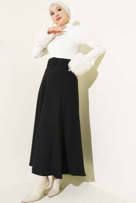 Kemerli Kloş Dabıl Etek Siyah - Etek
