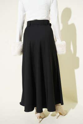 Kemerli Kloş Dabıl Etek Siyah - Etek