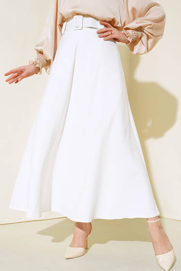 Kemerli Kloş Etek Ekru - Etek