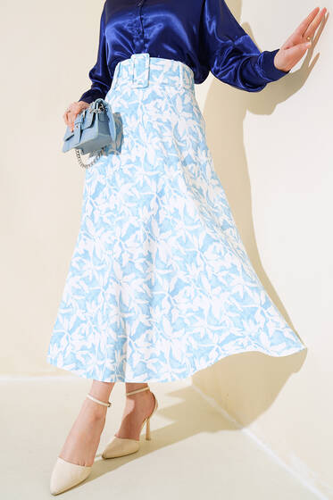 Kemerli Kloş Etek Mavi - Etek