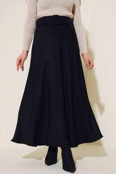 Kemerli Kloş Etek Siyah - Uzun Etek