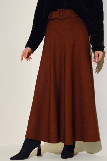 Kemerli Kloş Etek Taba - Uzun Etek