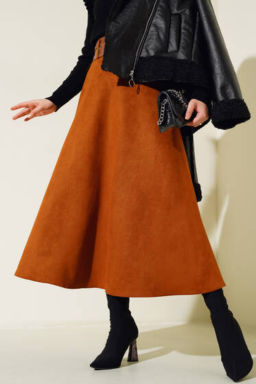 Kemerli Kloş Süet Etek Taba - Uzun Etek