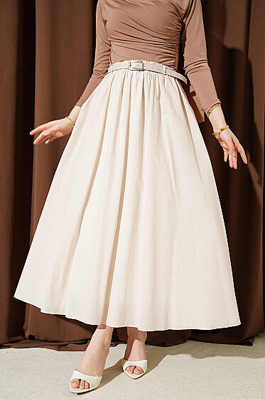 Kemerli Kloş Vual Etek Bej - Etek