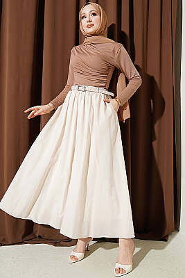 Kemerli Kloş Vual Etek Bej - Etek