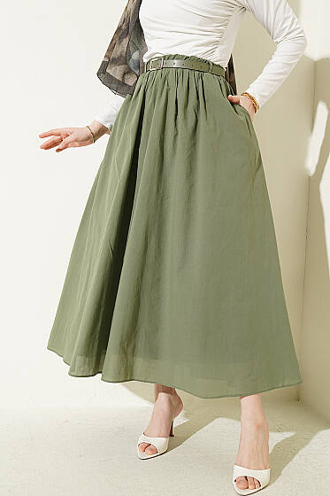 Kemerli Kloş Vual Etek Haki - Etek