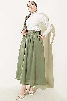 Kemerli Kloş Vual Etek Haki - Etek