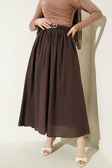 Kemerli Kloş Vual Etek Kahve - Etek