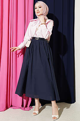 Kemerli Kloş Vual Etek Lacivert - Etek