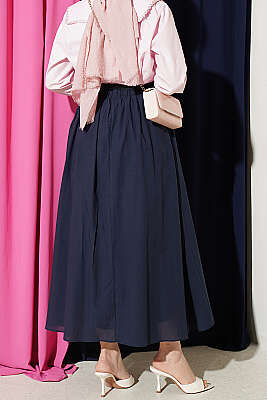 Kemerli Kloş Vual Etek Lacivert - Etek