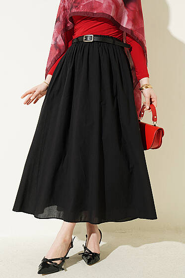 Kemerli Kloş Vual Etek Siyah - Etek