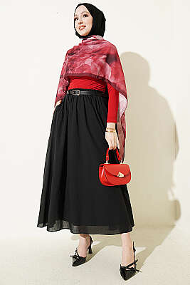 Kemerli Kloş Vual Etek Siyah - Etek