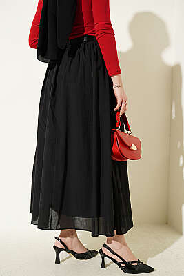 Kemerli Kloş Vual Etek Siyah - Etek