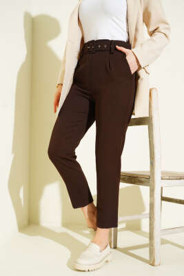 Kemerli Kopçalı Kumaş Pantolon Kahve 