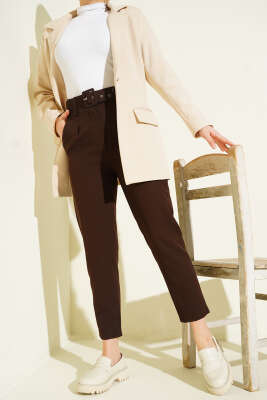 Kemerli Kopçalı Kumaş Pantolon Kahve - Pantolon