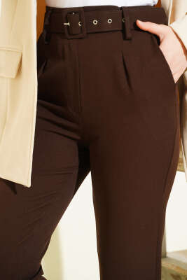 Kemerli Kopçalı Kumaş Pantolon Kahve - Pantolon