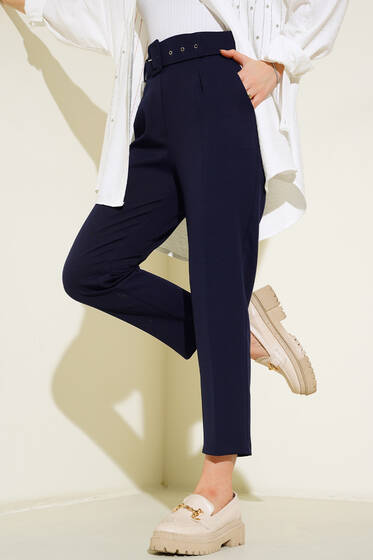 Kemerli Kopçalı Kumaş Pantolon Lacivert - Kumaş Pantolon