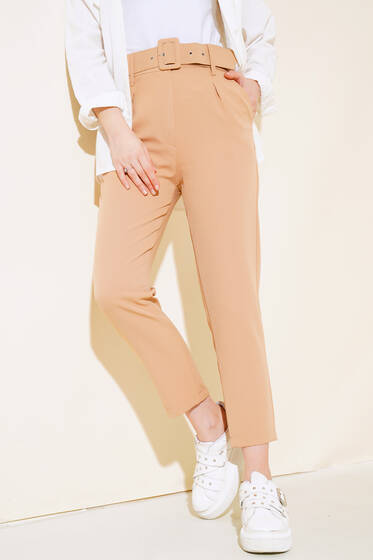Kemerli Kopçalı Kumaş Pantolon Latte - Kumaş Pantolon