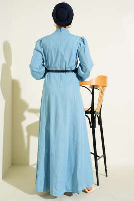 Kemerli Kot Görünümlü Kloş Elbise Açık Mavi - Elbise