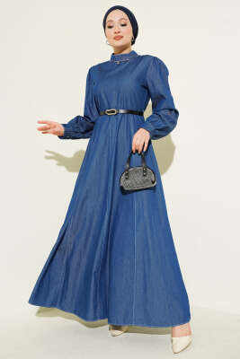 Kemerli Kot Görünümlü Kloş Elbise Mavi - BERAT TEKSTİL