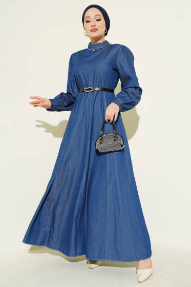 Kemerli Kot Görünümlü Kloş Elbise Mavi - Elbise