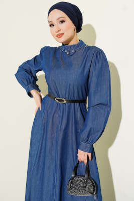 Kemerli Kot Görünümlü Kloş Elbise Mavi - Elbise